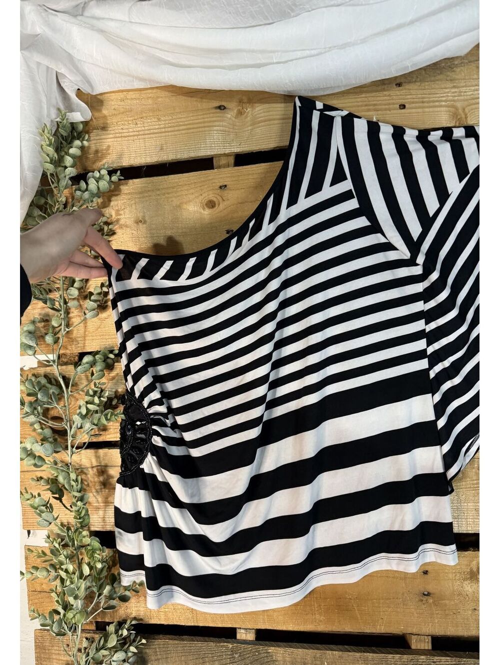 Lane Bryant Black and White Striped One-Shoulder Top